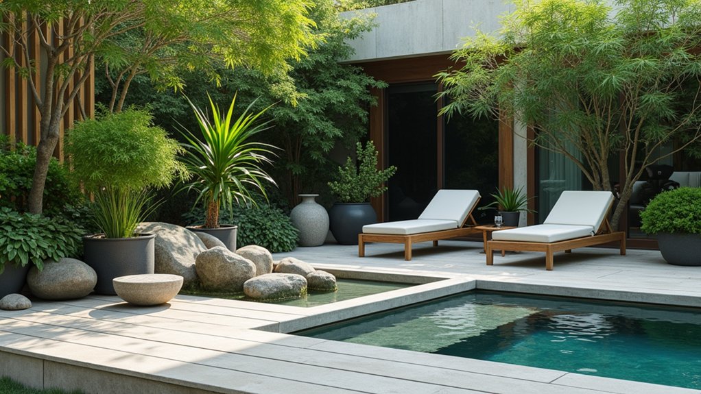 21 Lively Pool Deck Decorating Ideas With Potted Plants for Natural Charm tranquil zen garden oasis
