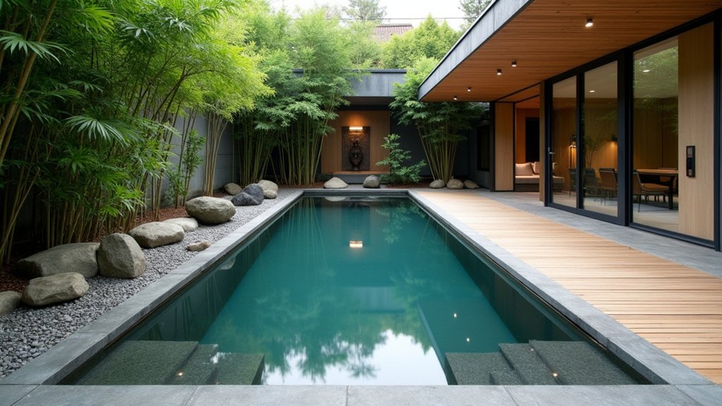 15 Sleek Lap Pool Design Ideas for Narrow Backyards tranquil zen garden oasis