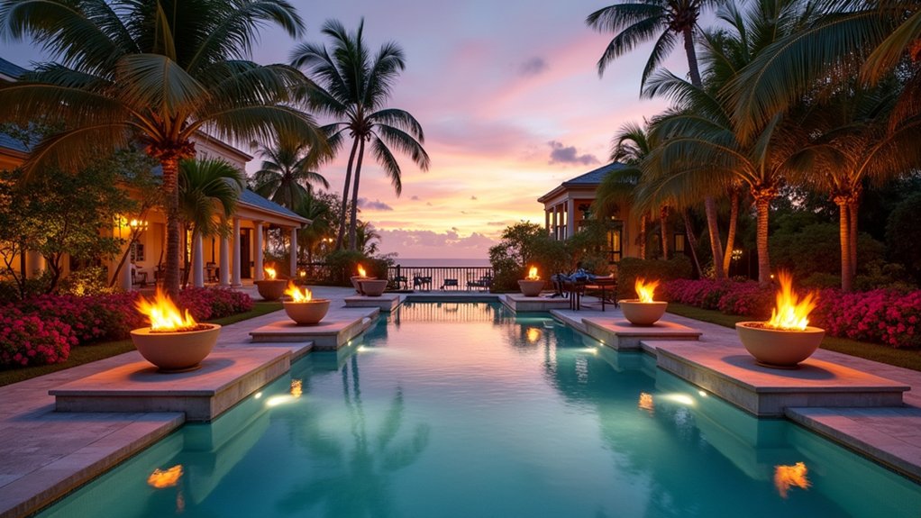 15 Pool Design Ideas With Fire Pit Accents for Cozy Nights tropical backyard fire bowls