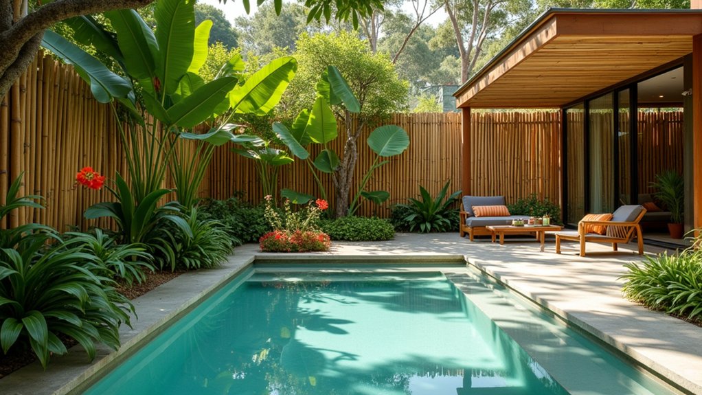 23 Stylish Pool Landscaping With Fence Ideas That Feel Secure and Chic tropical bamboo fencing oasis