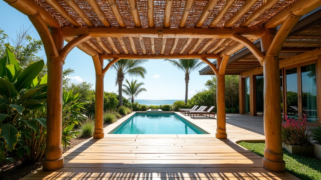 17 Elegant Pool Deck Pergola Designs That Add Structure and Shade tropical bamboo pergola oasis