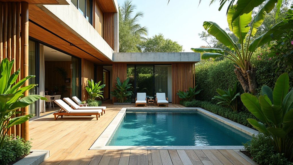 23 Striking Modern Pool Deck Ideas for a Sleek Backyard Finish tropical bamboo pool deck