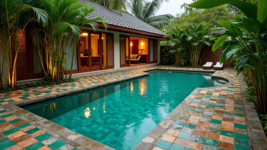 21 Stylish Pool Deck Tile Ideas That Add Color and Pattern tropical bamboo style ceramic tiles