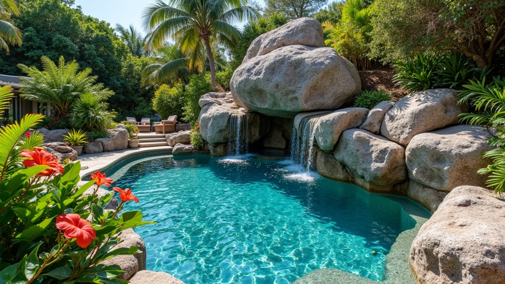 15 Bold Pool Landscaping With Boulders That Make a Statement tropical boulders and greenery