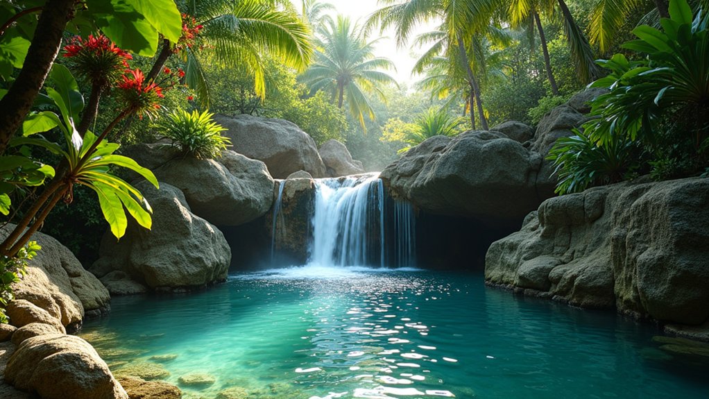 15 Captivating Pool Landscaping Waterfall Ideas That Add Movement and Sound tropical lagoon waterfall oasis