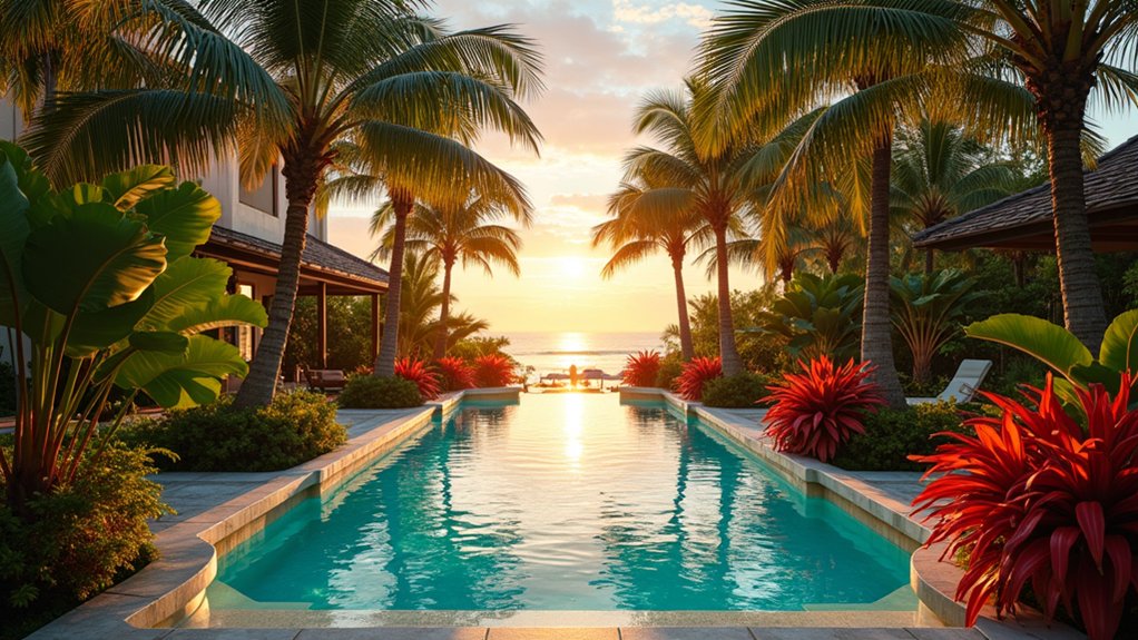15 Iconic Palm Tree Landscape Ideas Around Pool Spaces That Feel Tropical tropical oasis poolside elegance