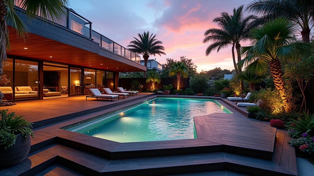 17 Bold Above Ground Pool Deck Multi Level Designs That Add Dimension tropical oasis with greenery