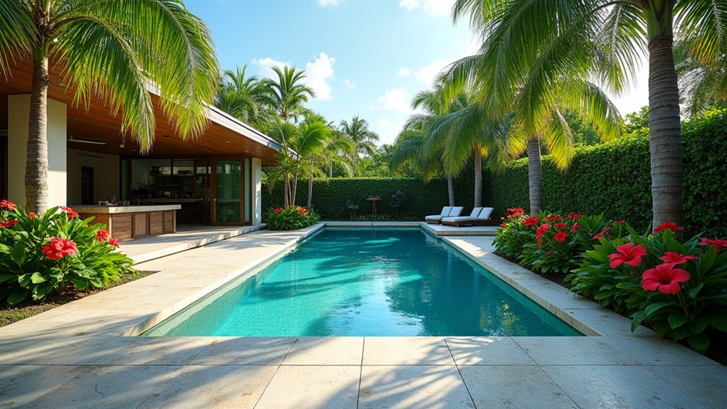20 Concrete Pool Ideas That Are Built to Last tropical oasis with greenery
