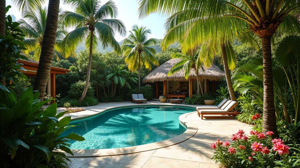 18 Lush Tropical Pool Landscaping Ideas for a Private Paradise tropical oasis with palms