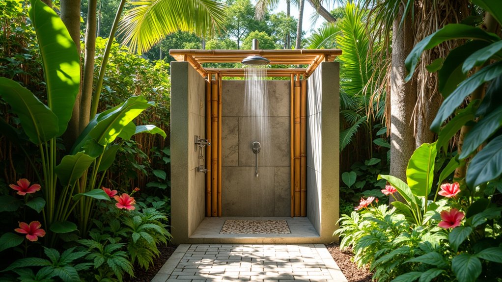 23 Tropical Pool Ideas to Create a Backyard Paradise tropical outdoor shower oasis