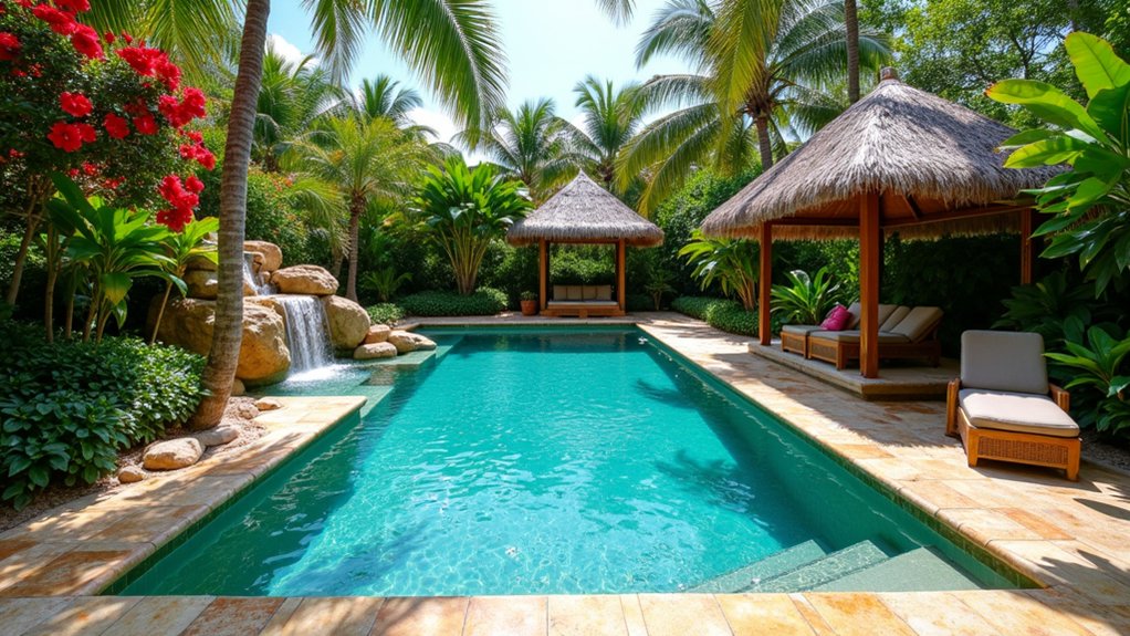 23 Fiberglass Pool Design Ideas That Are Built to Impress tropical paradise backyard retreat