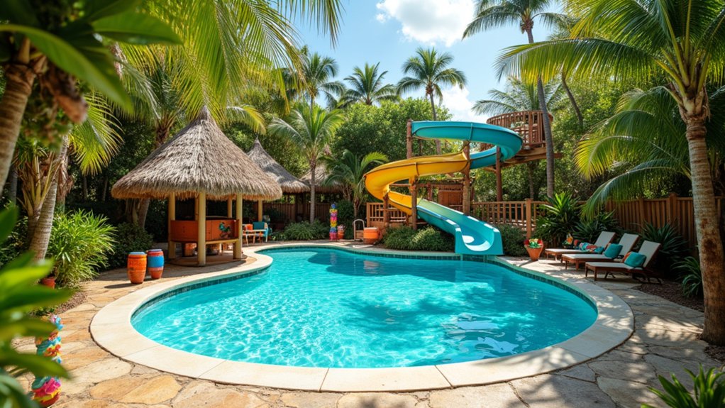 23 Fun Pool Landscaping With Slide Features Kids Will Love tropical paradise backyard slide