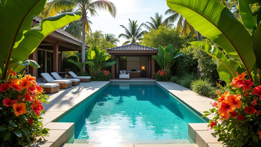 23 Modern Pool Landscaping Ideas That Redefine Backyard Design tropical paradise poolside retreat