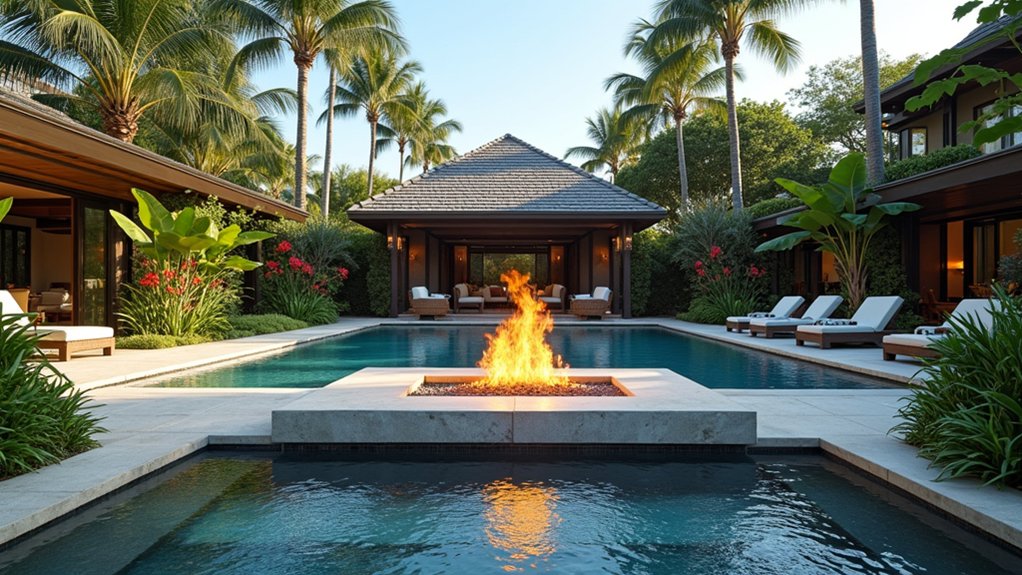 23 Tropical Pool Design Ideas to Escape to Island Vibes tropical poolside fire pit