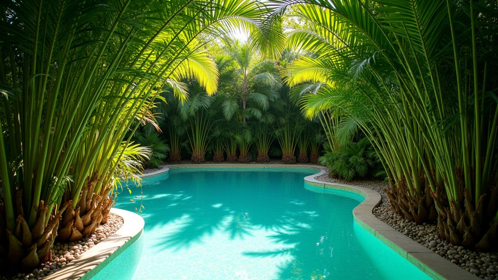 15 Iconic Palm Tree Landscape Ideas Around Pool Spaces That Feel Tropical tropical poolside palm oasis
