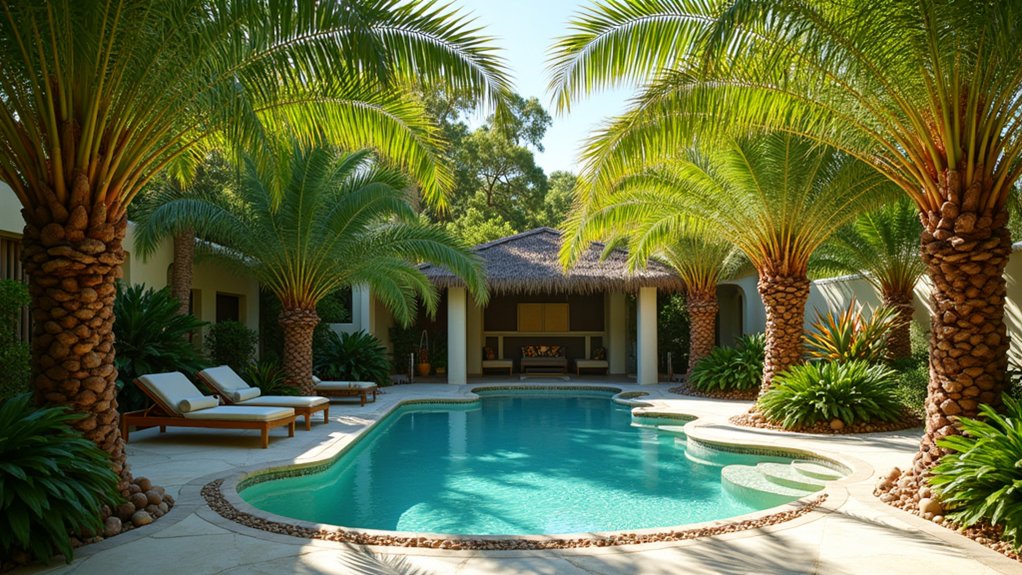 15 Iconic Palm Tree Landscape Ideas Around Pool Spaces That Feel Tropical tropical poolside palm oasis