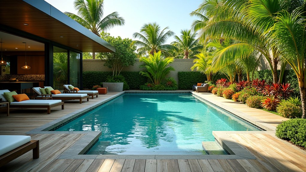 15 Above Ground Pool Design Ideas for Modern Backyards tropical poolside palm trees