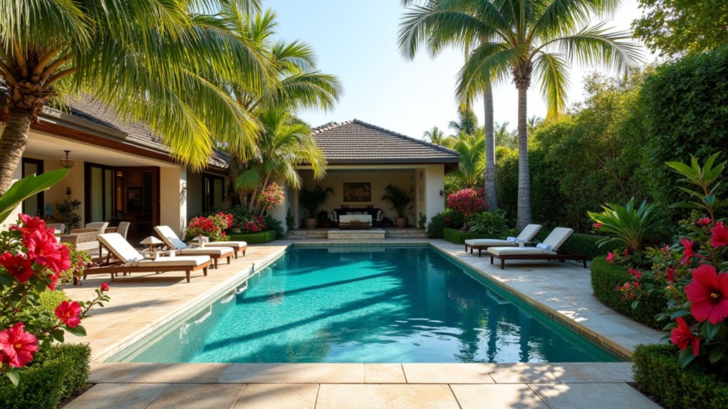 20 Luxury Pool Exterior Ideas That Boost Curb Appeal tropical poolside paradise landscaping