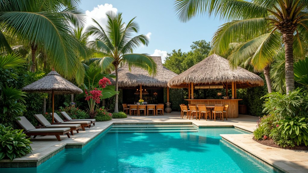 18 Lush Tropical Pool Landscaping Ideas for a Private Paradise tropical tiki bar oasis