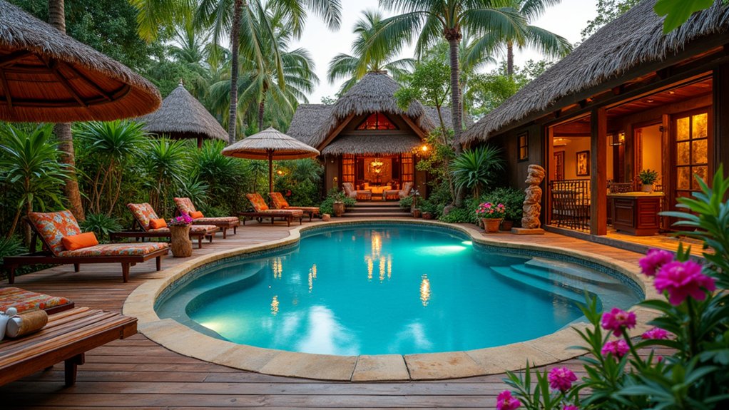 19 Cool Above Ground Pool Half Deck Ideas for Budget-Friendly Builds tropical tiki deck paradise