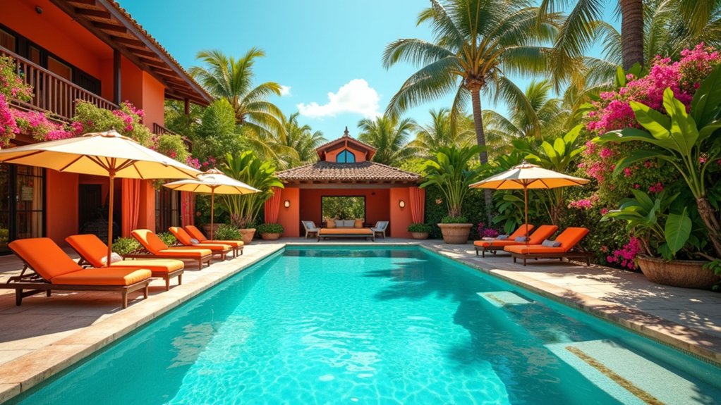 18 Exotic Pool Landscaping With Palm Trees That Scream Vacation Vibes tropical vibrant pool oasis