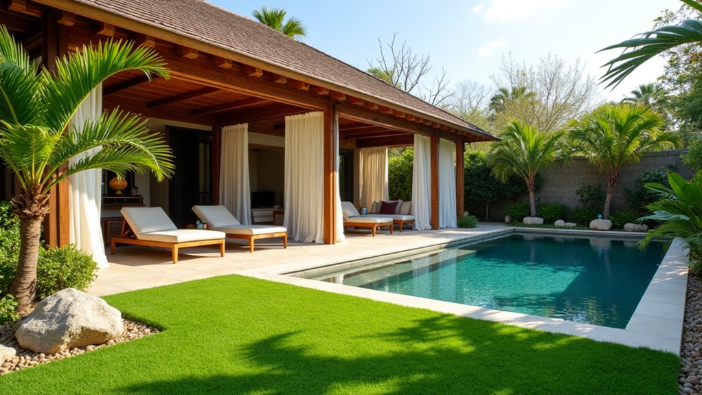 23 Fresh Pool Landscaping With Turf for a Lush, Low-Maintenance Look turf covered cabana retreat