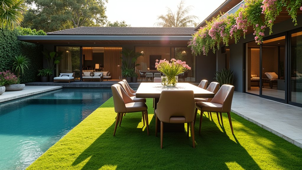23 Fresh Pool Landscaping With Turf for a Lush, Low-Maintenance Look turf covered elegant dining area