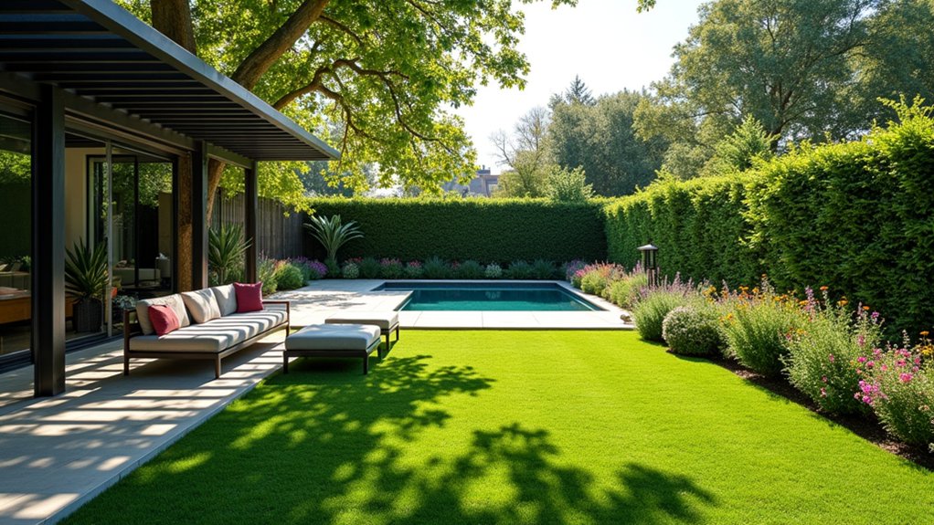 23 Fresh Pool Landscaping With Turf for a Lush, Low-Maintenance Look turf covered pergola retreat