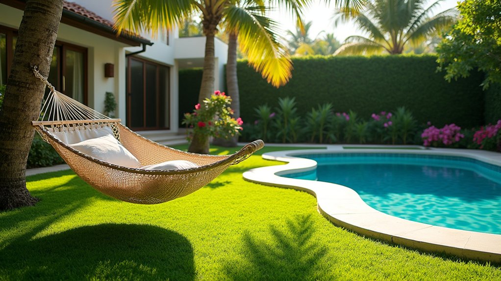 23 Fresh Pool Landscaping With Turf for a Lush, Low-Maintenance Look turf hammock relaxation oasis