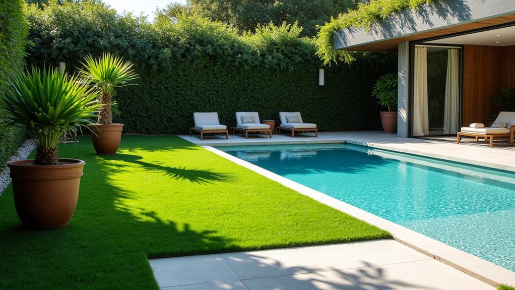 23 Fresh Pool Landscaping With Turf for a Lush, Low-Maintenance Look turf islands with potted plants