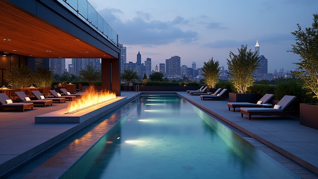 15 Pool Design Ideas With Fire Pit Accents for Cozy Nights urban rooftop pool oasis