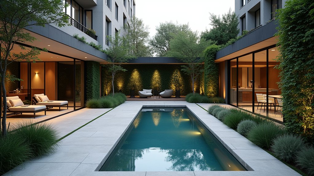 15 Sleek Lap Pool Design Ideas for Narrow Backyards urban serene courtyard retreat