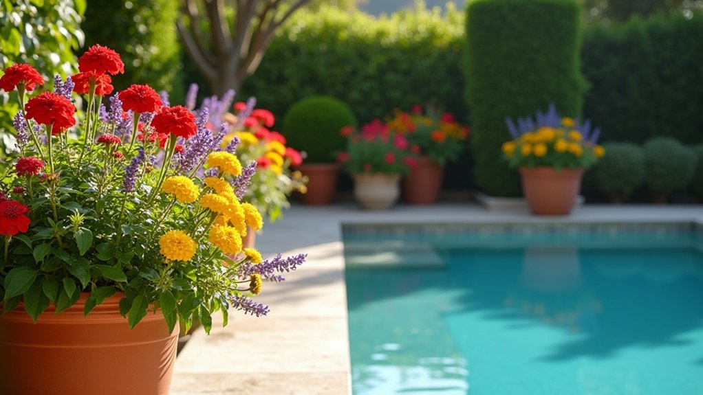 20 Vibrant Pool Landscaping With Flowers to Add Color and Charm versatile poolside planter designs