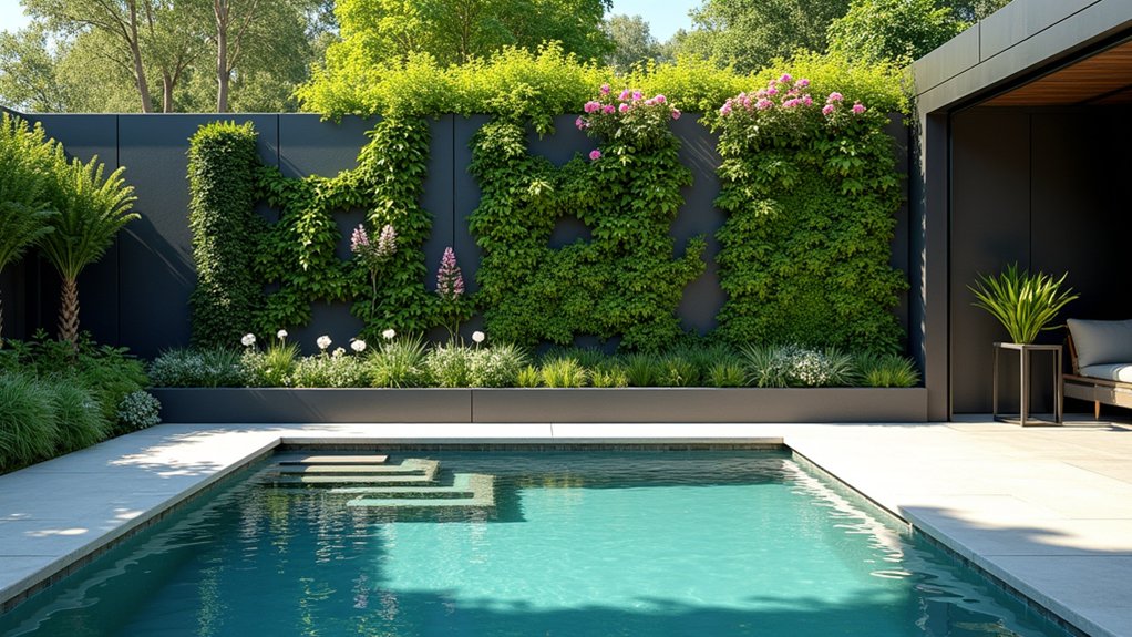 23 Stylish Pool Landscaping With Fence Ideas That Feel Secure and Chic vertical gardens enhance aesthetics