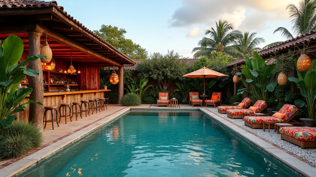 18 Pool Ideas With Bar Features for the Perfect Party Setup vibrant bohemian pool oasis