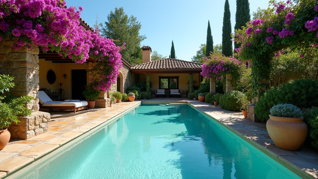 20 Elegant Mediterranean Pool Landscaping Ideas Full of Timeless Charm vibrant bougainvillea pool landscaping