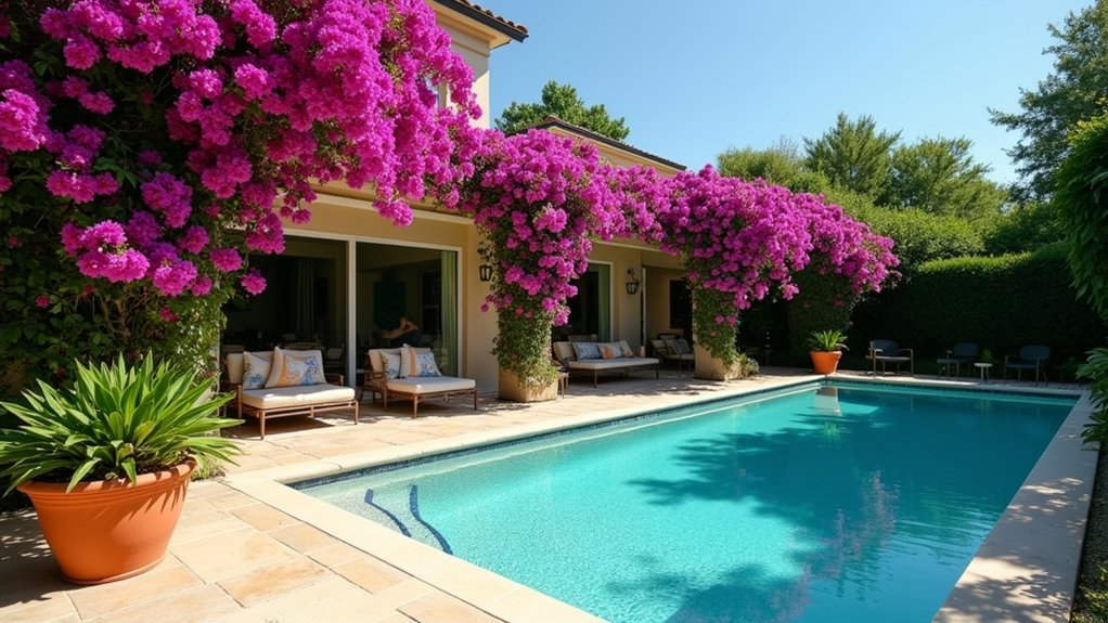 21 Lively Pool Deck Decorating Ideas With Potted Plants for Natural Charm vibrant bougainvillea pool paradise