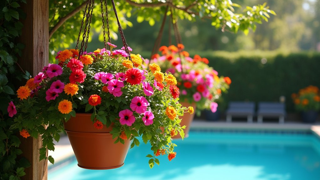 20 Vibrant Pool Landscaping With Flowers to Add Color and Charm vibrant cascading flower baskets