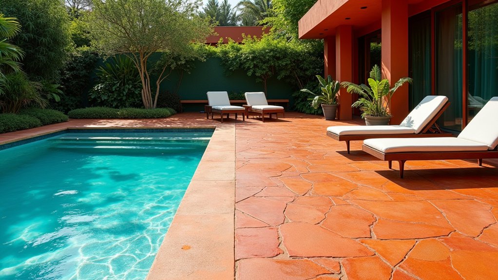 19 Durable Pool Deck Concrete Ideas That Are Built to Last vibrant colored poolside concrete