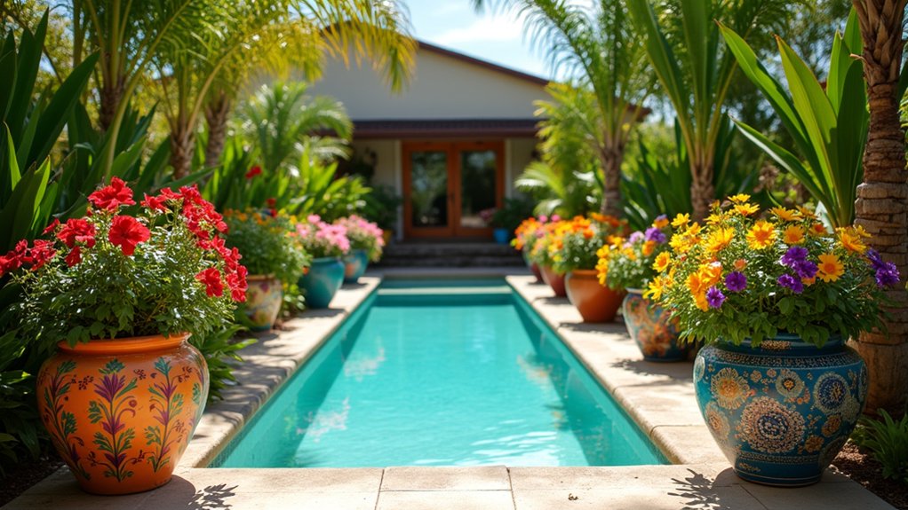 21 Lively Pool Deck Decorating Ideas With Potted Plants for Natural Charm vibrant colorful flower pots