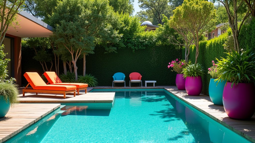 18 Sleek Pool Landscaping With Deck Ideas That Add Seamless Style vibrant colors enhance landscape