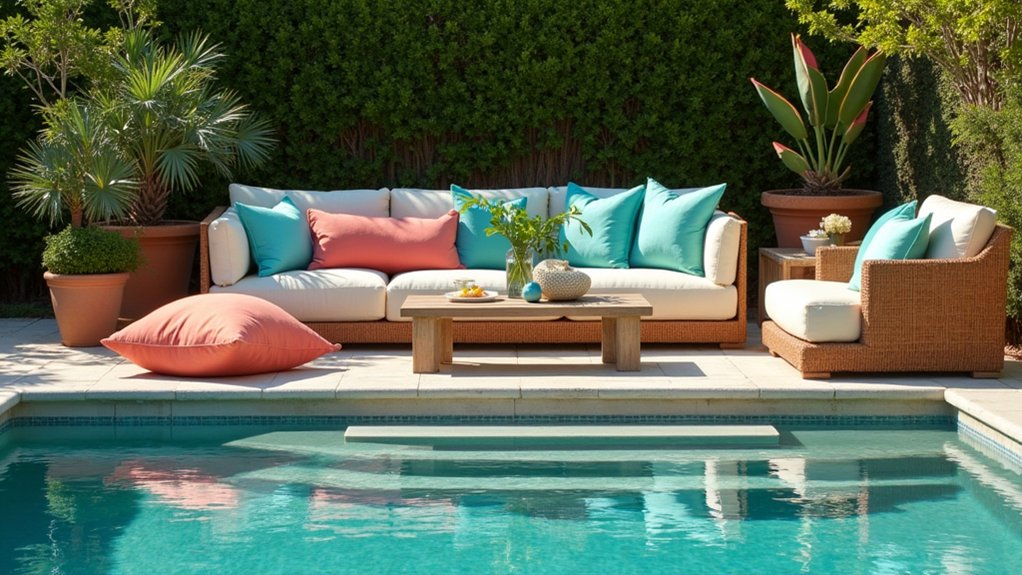 17 Easy Pool Deck Update Ideas That Make a Big Impact vibrant decorative pillow accents