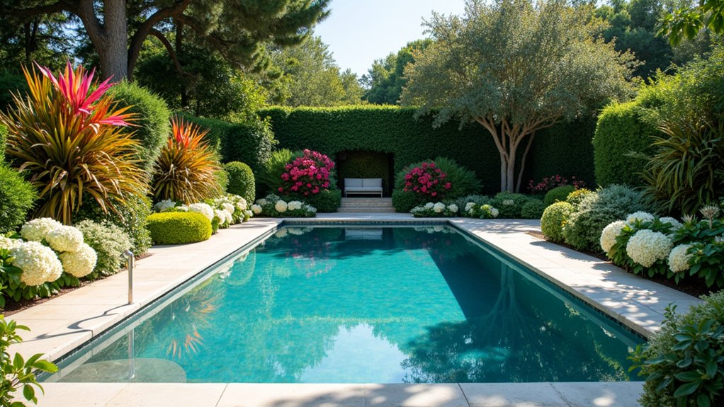 18 Sophisticated Landscaping Around Inground Pool Designs That Flow Beautifully vibrant floral poolside paradise