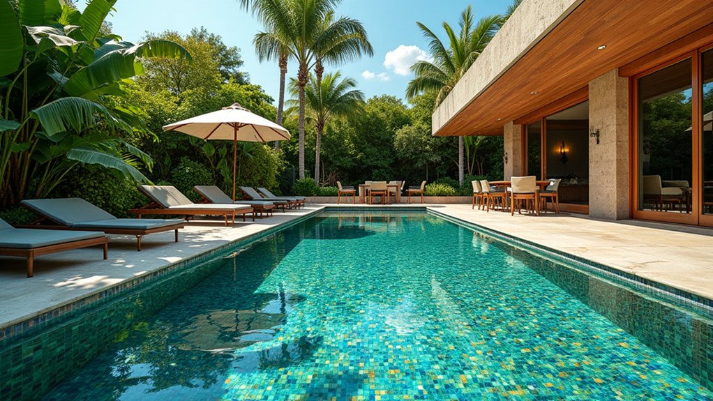 21 Stylish Pool Deck Tile Ideas That Add Color and Pattern vibrant glass tile artistry