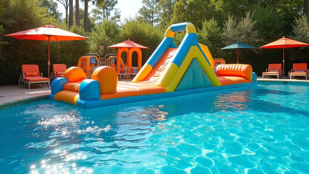 23 Pool Design Ideas With Kids Area Concepts for Family Fun vibrant inflatable water adventure