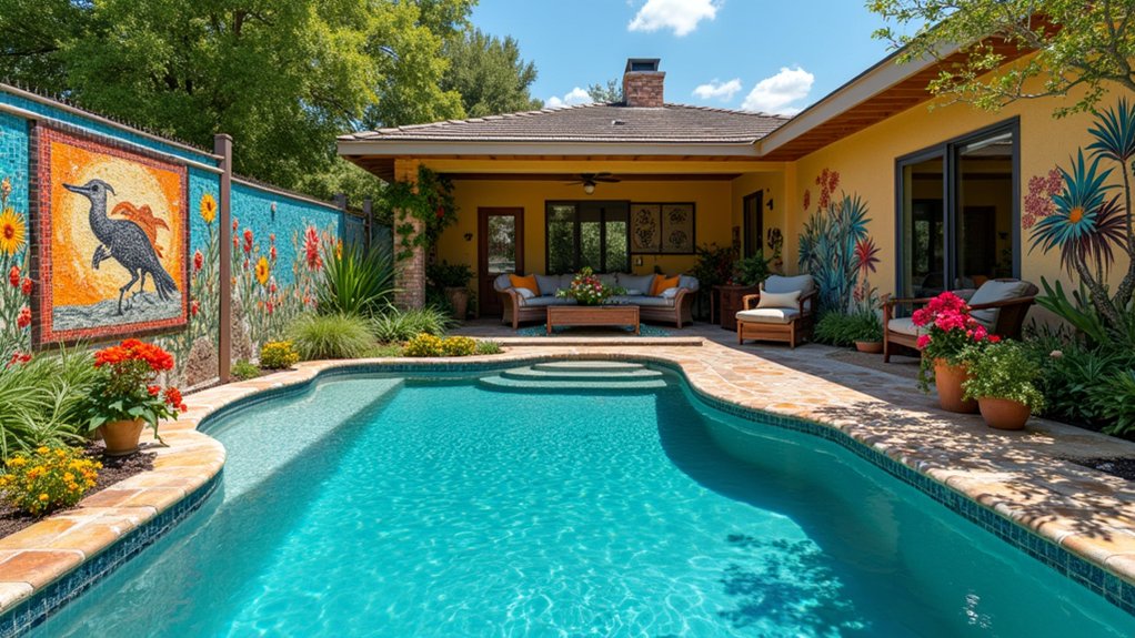 18 Bold Texas Pool Landscaping Ideas That Make a Statement vibrant mosaic pool accents