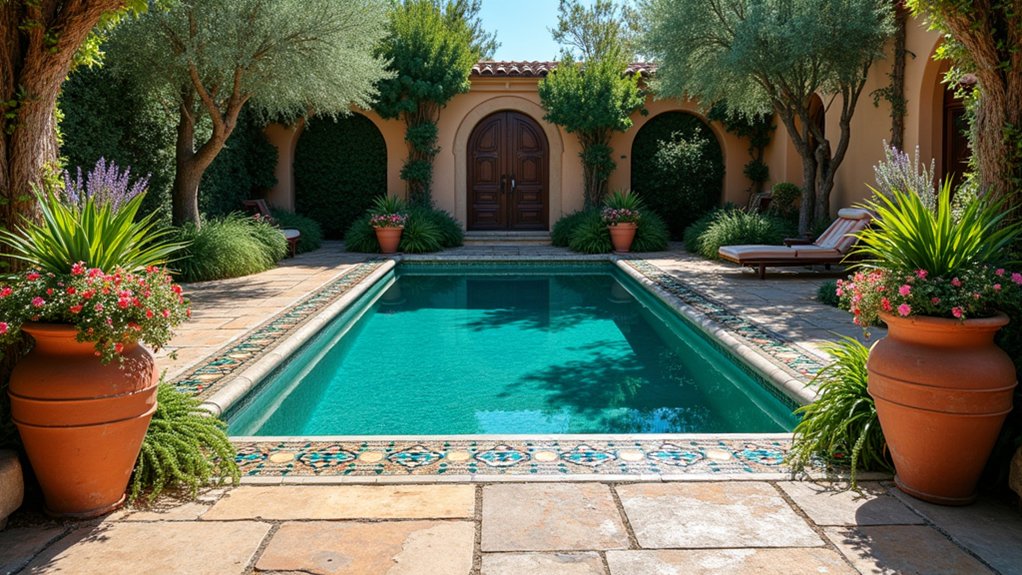 20 Elegant Mediterranean Pool Landscaping Ideas Full of Timeless Charm vibrant mosaic pool border