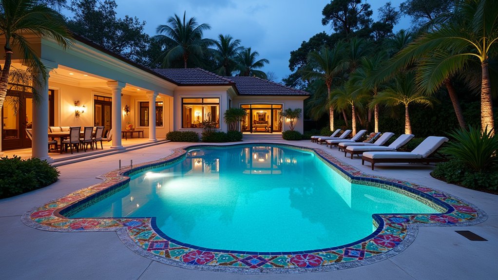 20 Luxury Pool Exterior Ideas That Boost Curb Appeal vibrant mosaic pool designs