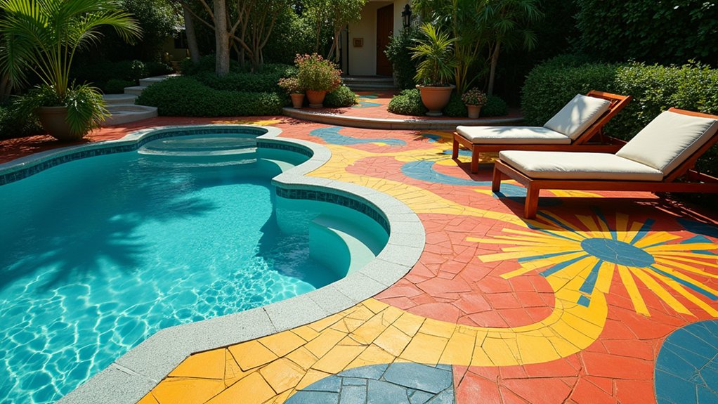 21 Creative Cheap Pool Deck Ideas That Still Shine vibrant painted pool patterns