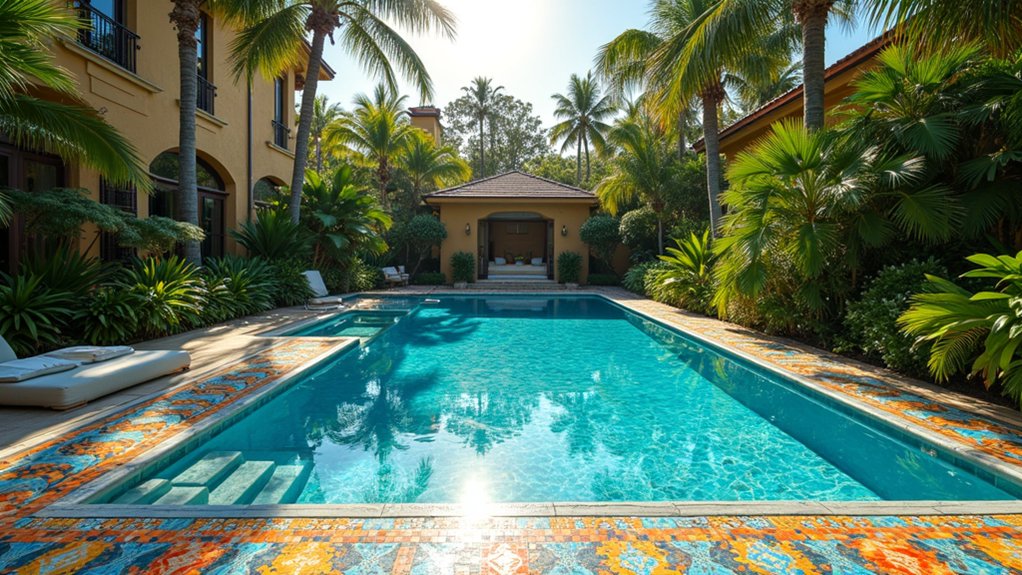 17 Gorgeous Pool Deck Ideas to Upgrade Your Outdoor Space vibrant patterned slip resistant tiles